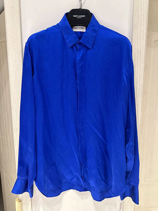 Saint Laurent Paris Xiu style blue wavelet dot mulberry silk shirt