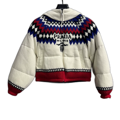 Prada White Logo Knit Zipper Hooded Jacket