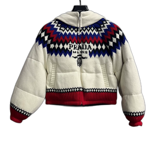 Prada White Logo Knit Zipper Hooded Jacket