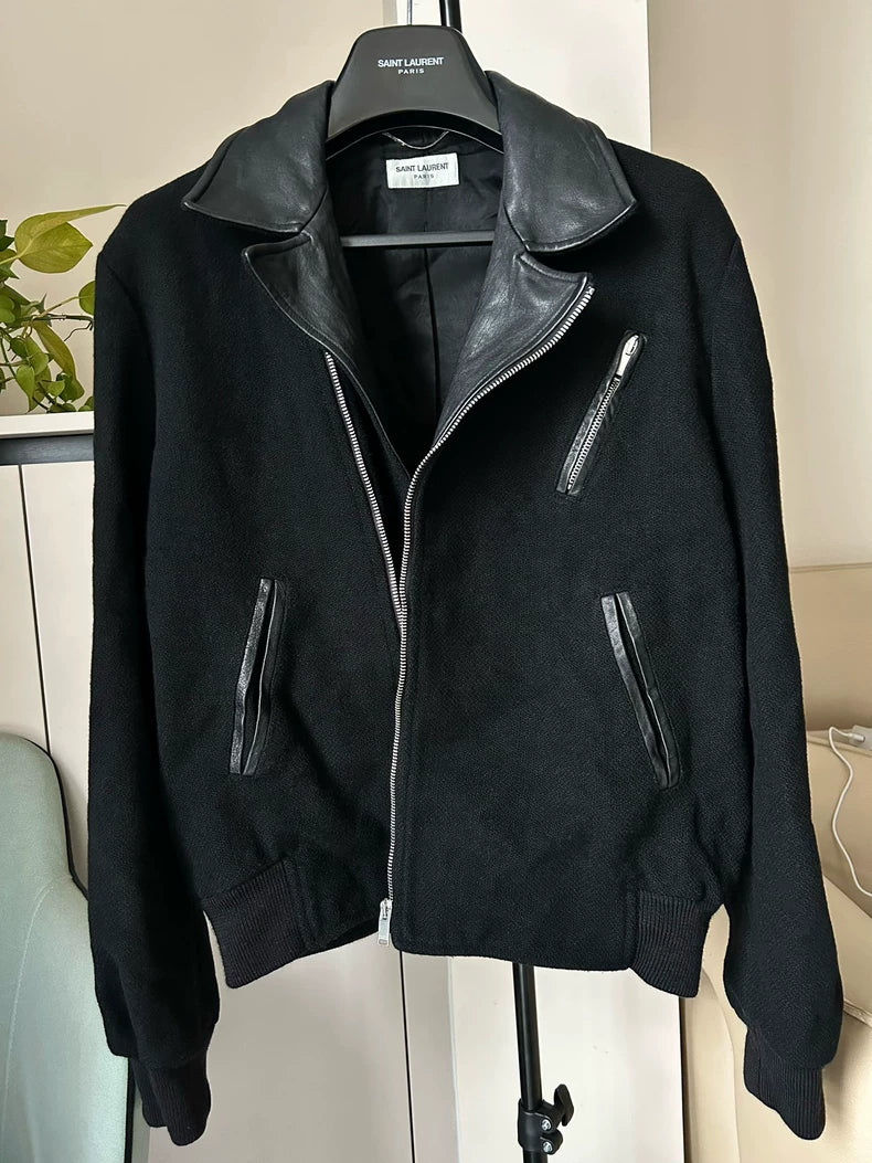 Saint Laurent Black Wool Leather Zip Jacket
