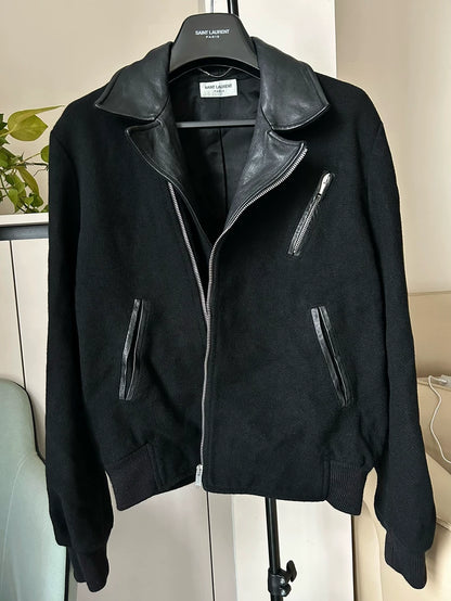 Saint Laurent Black Wool Leather Zip Jacket
