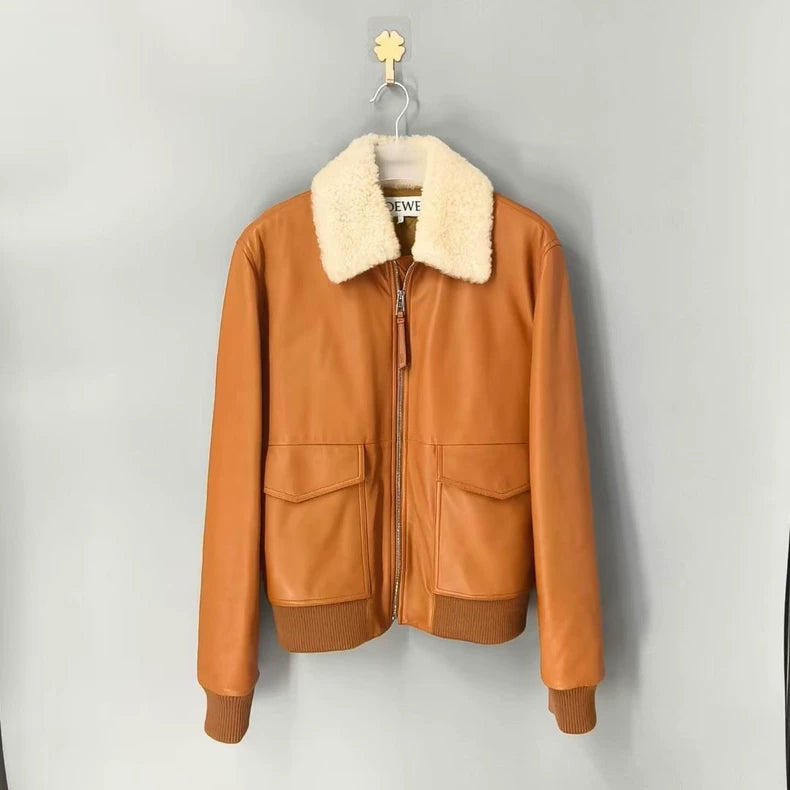 Loewe Brown Leather Collar Zip Jacket-yf