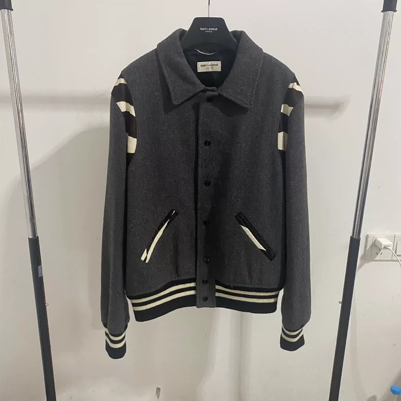Saint Laurent Gray Baseball Jacket with Zebra Stripes
