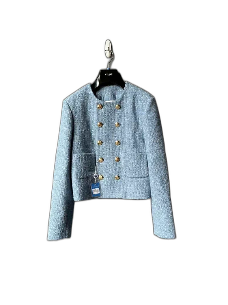 Celine Double-Breasted Tweed Jacket in Sky Blue