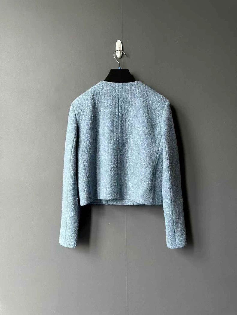 Celine Double-Breasted Tweed Jacket in Sky Blue
