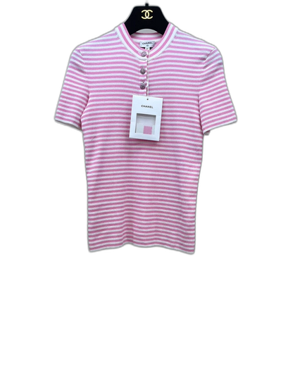 Chanel Pink Striped Knit Short Sleeve Top