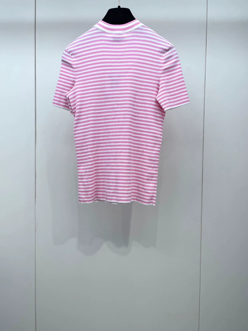 Chanel Pink Striped Knit Short Sleeve Top