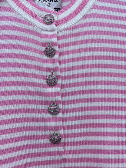 Chanel Pink Striped Knit Short Sleeve Top