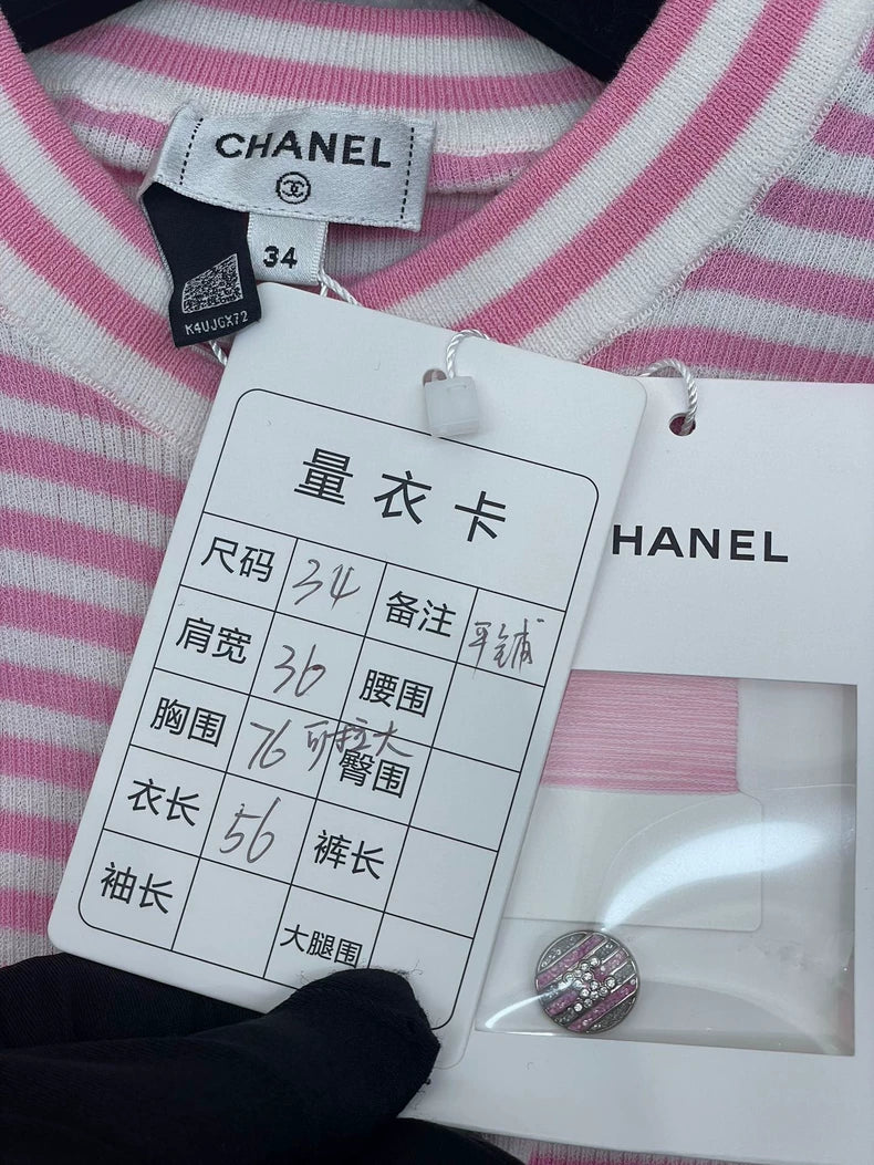 Chanel Pink Striped Knit Short Sleeve Top