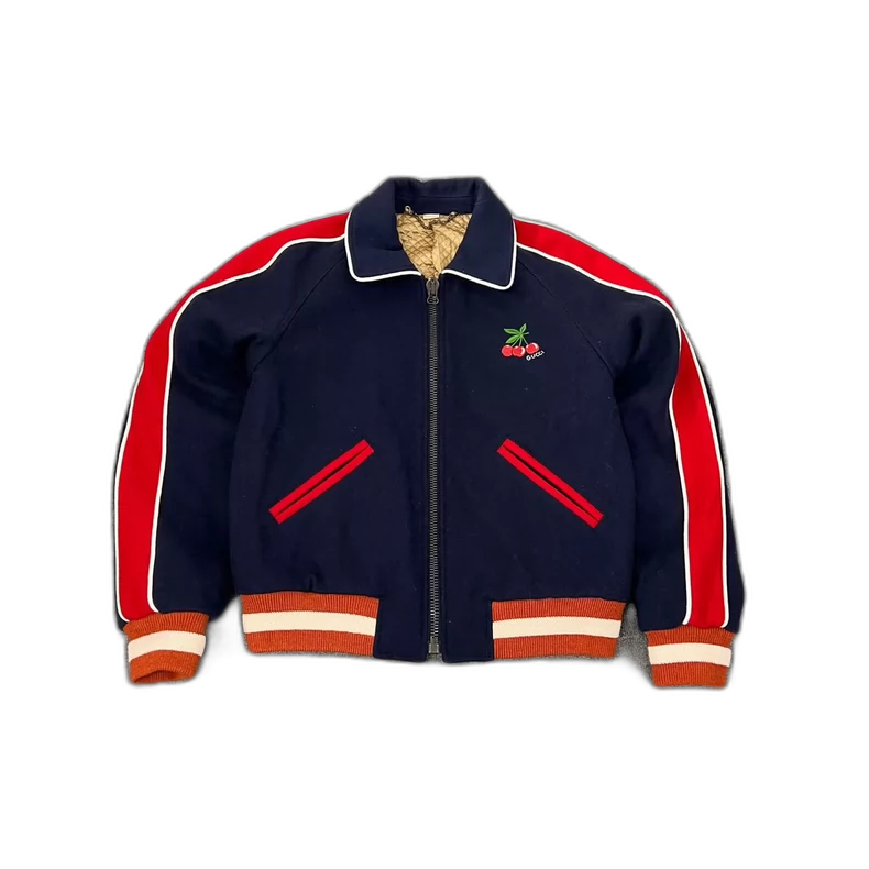 Gucci Cherry Baseball Jacket in Blue and Red