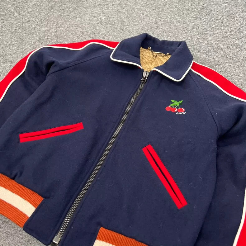 Gucci Cherry Baseball Jacket in Blue and Red