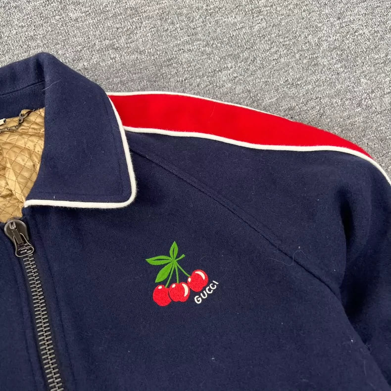 Gucci Cherry Baseball Jacket in Blue and Red