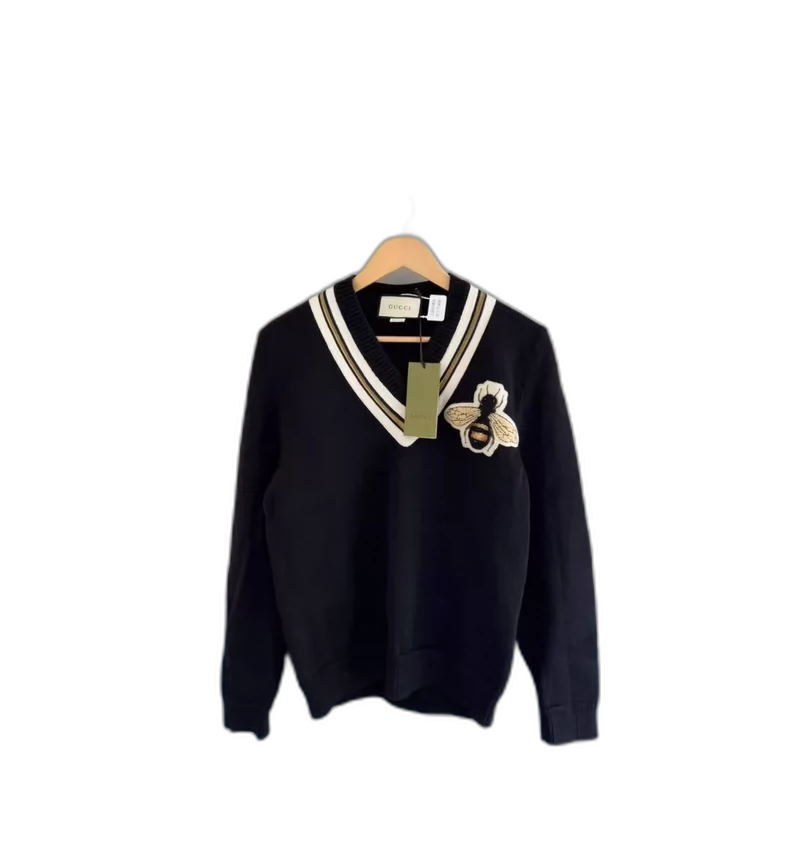 Black Gucci Bee Embroidered V-Neck Sweater