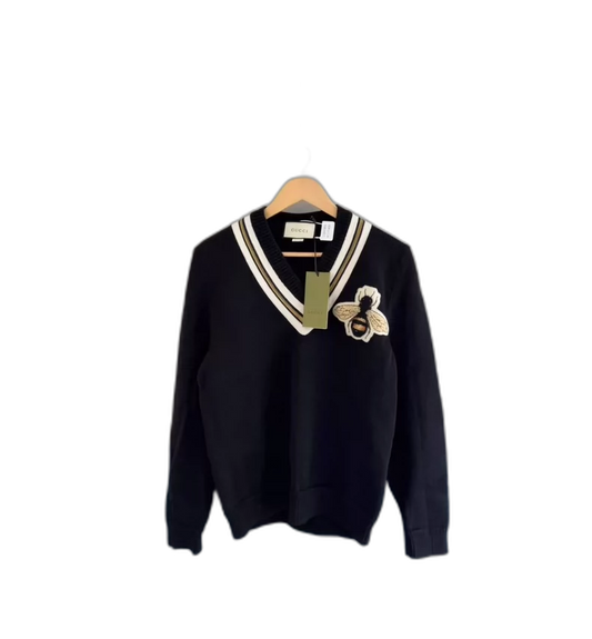 Black Gucci Bee Embroidered V-Neck Sweater