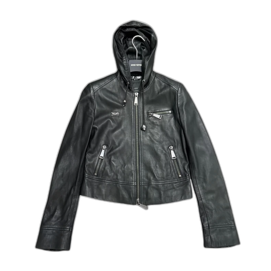 Philipp Plein Black Leather Jacket with Hood-zp