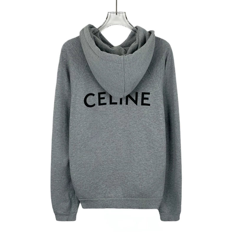 Celine Gray Logo Cotton Hooded Sweatshirt