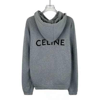 Celine Gray Logo Cotton Hooded Sweatshirt