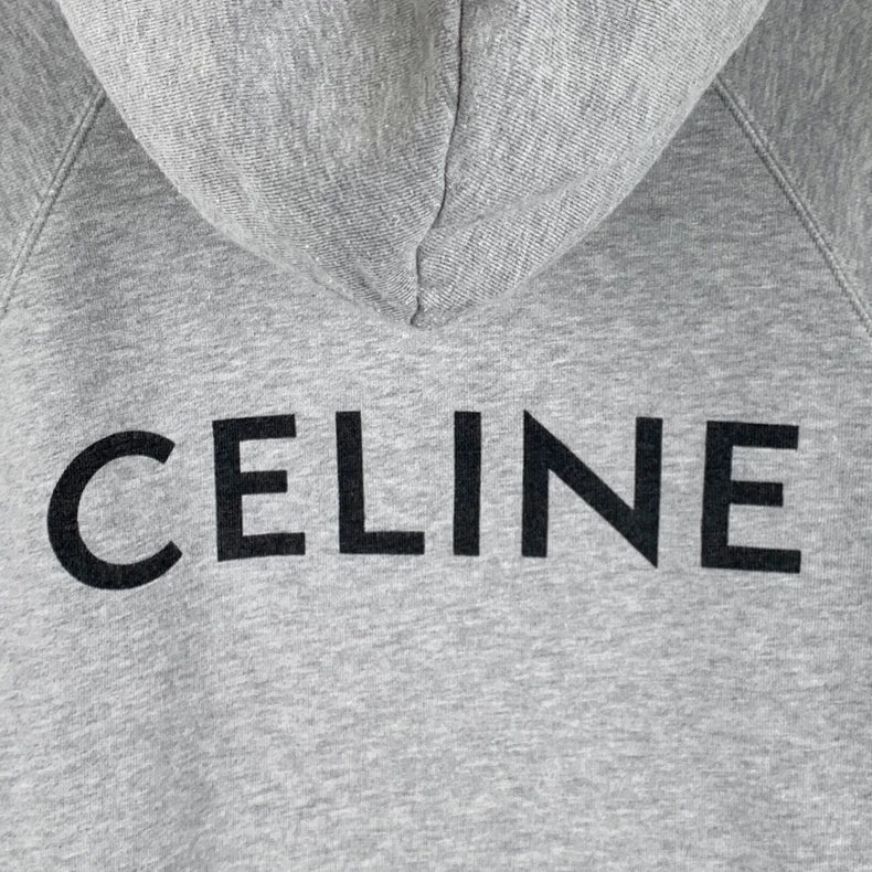 Celine Gray Logo Cotton Hooded Sweatshirt