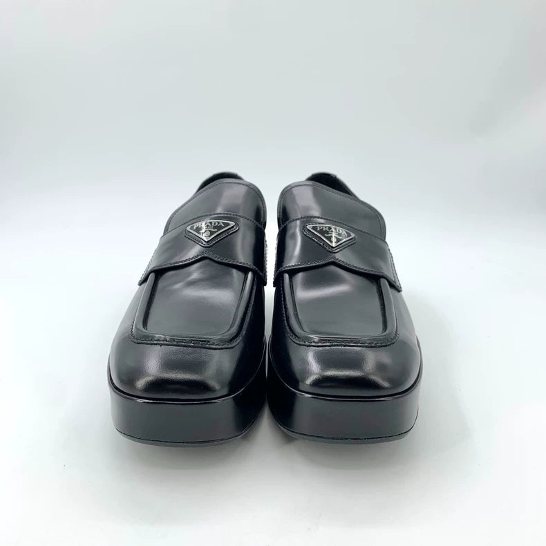 Black Leather Platform Loafers by Prada