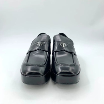 Black Leather Platform Loafers by Prada