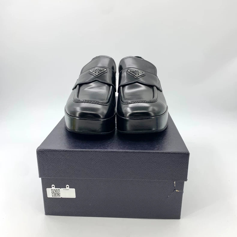 Black Leather Platform Loafers by Prada