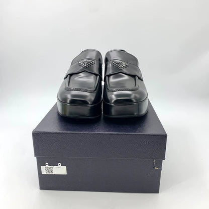 Black Leather Platform Loafers by Prada
