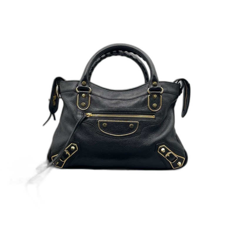 Balenciaga Black Leather Handbag with Gold Accents