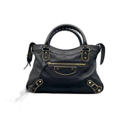 Balenciaga Black Leather Handbag with Gold Accents