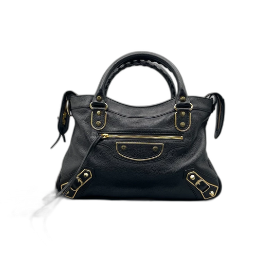 Balenciaga Black Leather Handbag with Gold Accents