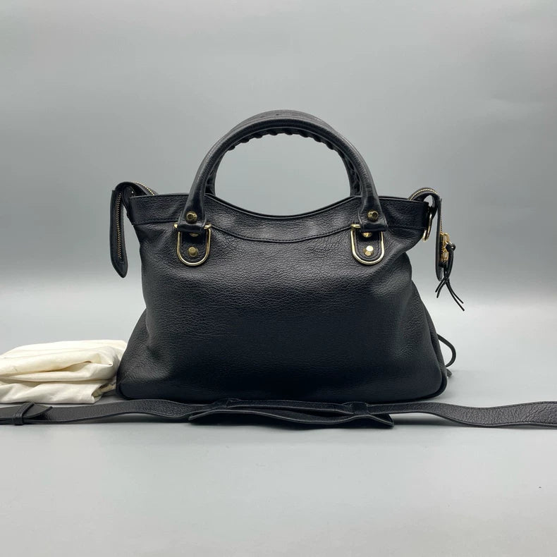 Balenciaga Black Leather Handbag with Gold Accents