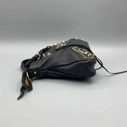 Balenciaga Black Leather Handbag with Gold Accents