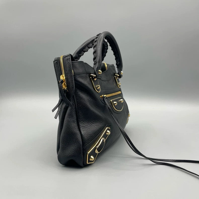 Balenciaga Black Leather Handbag with Gold Accents