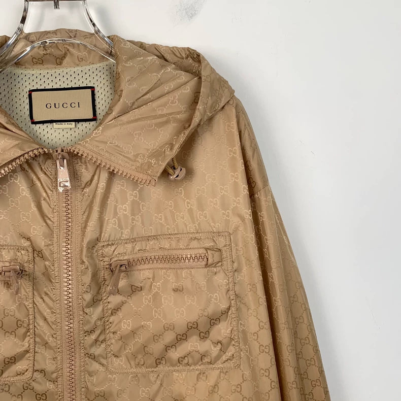 Gucci Brown Logo Print Hooded Jacket