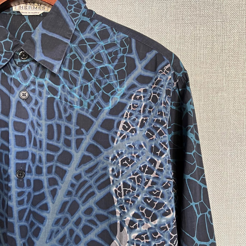 Hermes Blue Leaf Print Long Sleeve Shirt