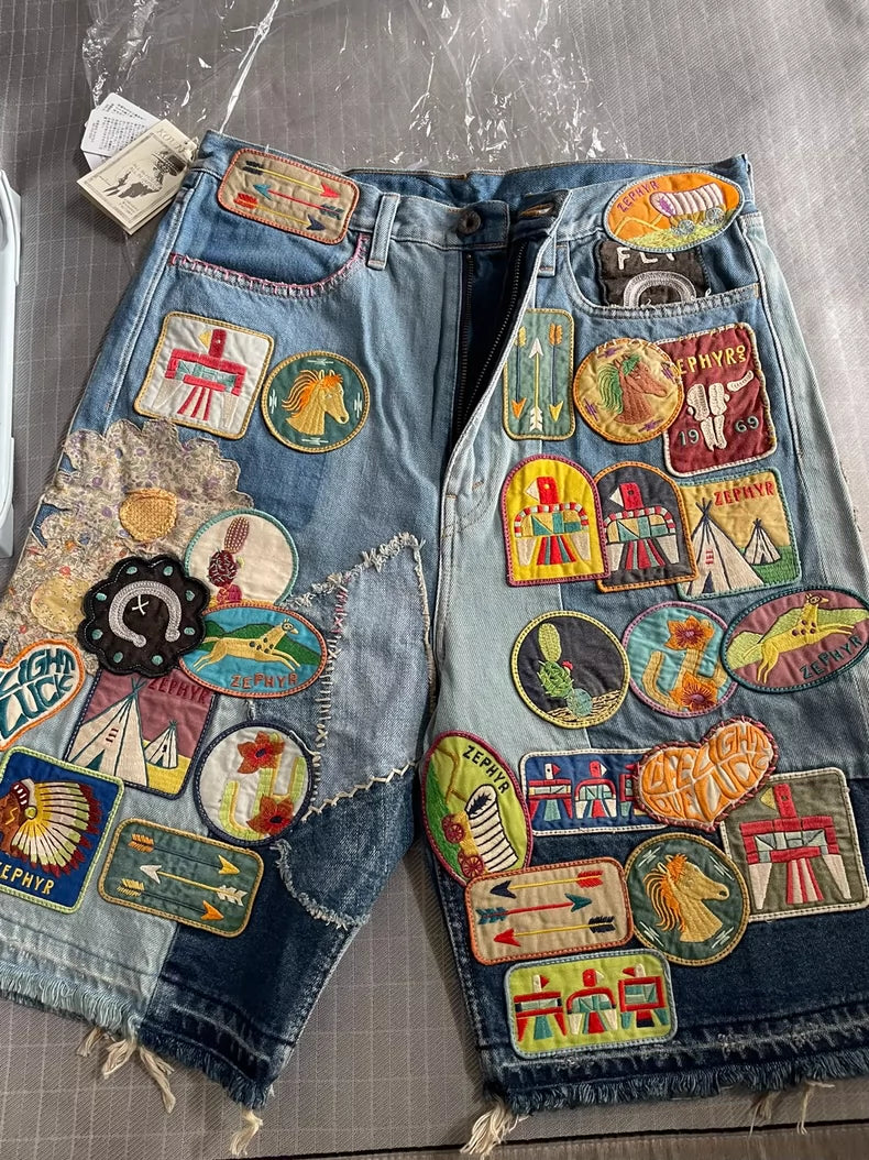 KAPITAL Embroidered Denim Shorts