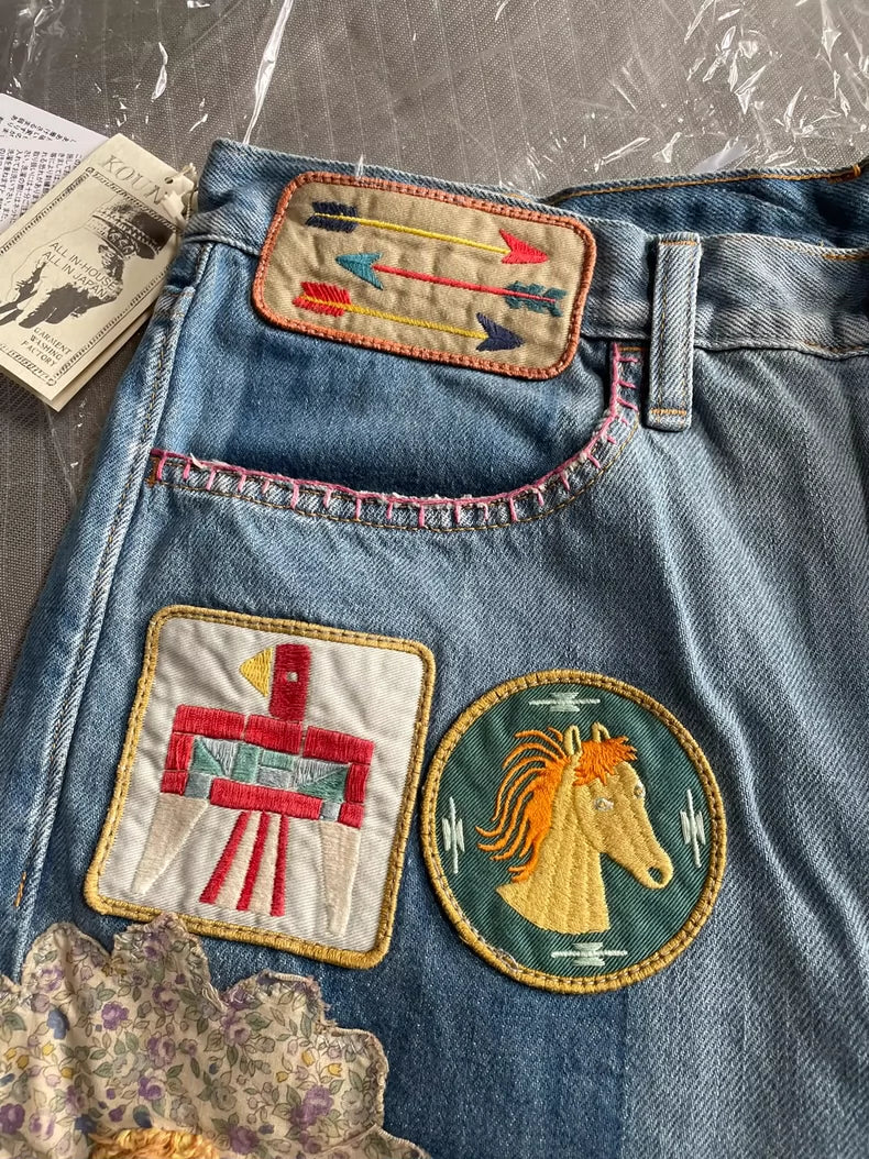 KAPITAL Embroidered Denim Shorts