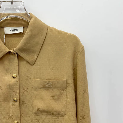 Celine Brown Logo Print Long Sleeve Shirt