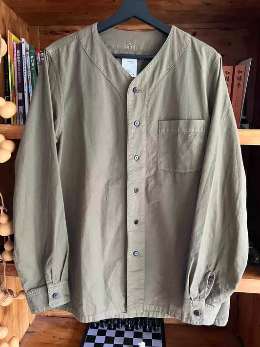 visvim 2019AW Collarless Army green GIZA cotton baseball shirt