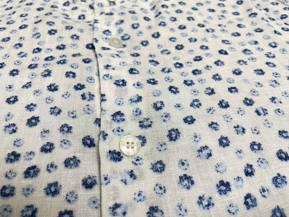 VISVIM INGALL patchwork blue floral collarless shirt