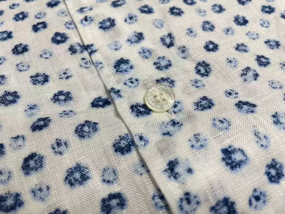 VISVIM INGALL patchwork blue floral collarless shirt