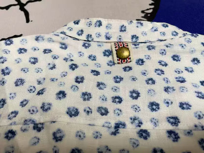 VISVIM INGALL patchwork blue floral collarless shirt