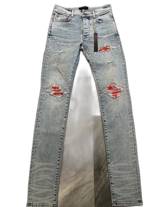 Amiri Wash Blue Orange Print Denim Pants