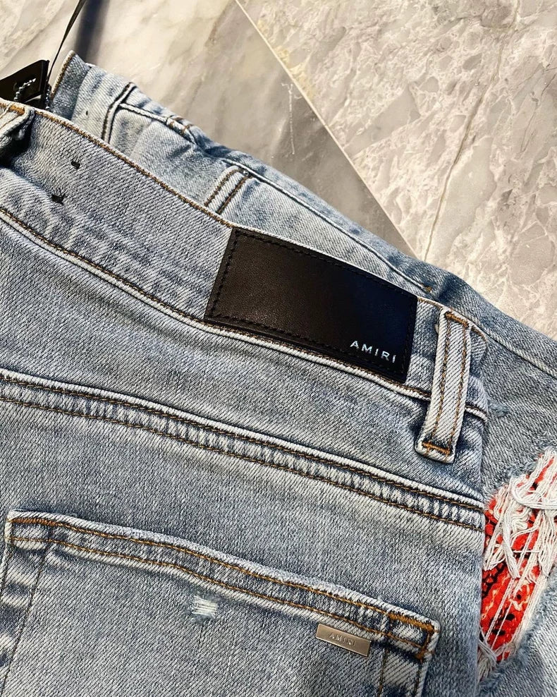 Amiri Wash Blue Orange Print Denim Pants