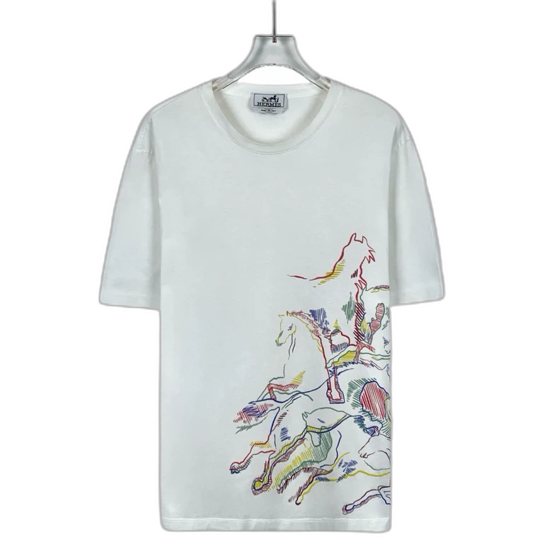 Hermes White Horse Print Cotton T-Shirt