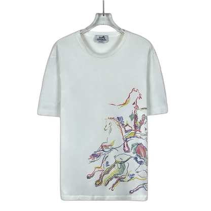 Hermes White Horse Print Cotton T-Shirt