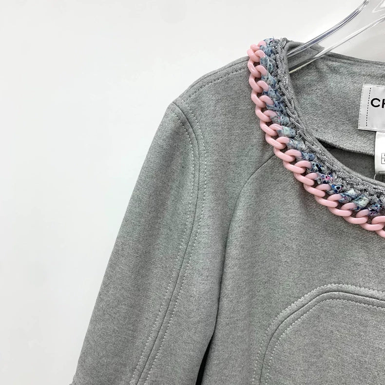 Chanel Gray Knit Cardigan with Chain Detail