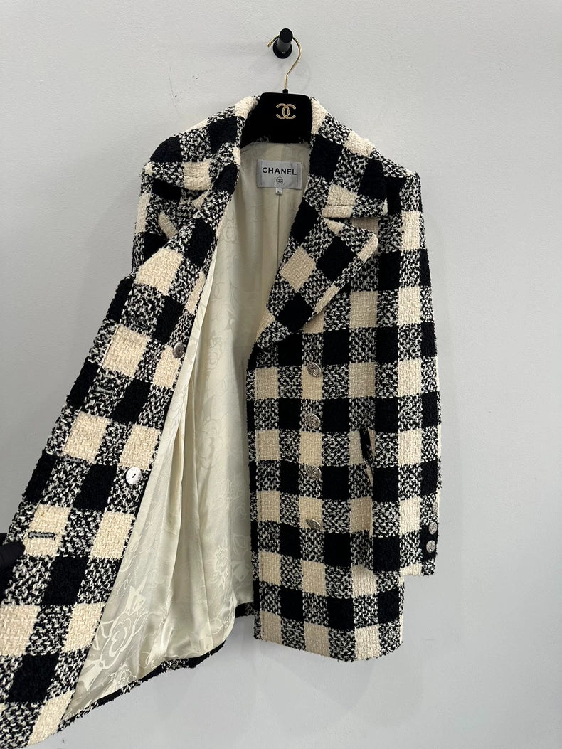 Chanel Black and Beige Checkered Coat
