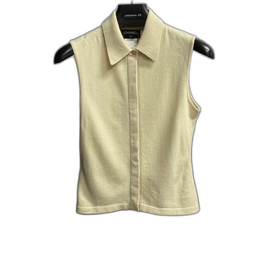 Chanel Beige Knit Sleeveless Button Cardigan