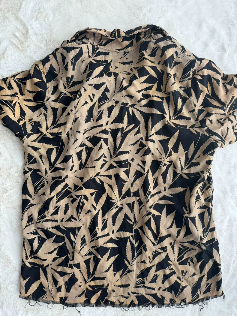 Black Leaf Print Short Sleeve Shirt