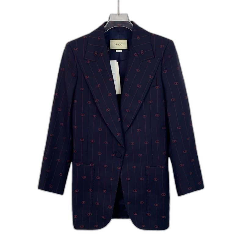 Gucci Deep Blue Logo Print Wool Blazer